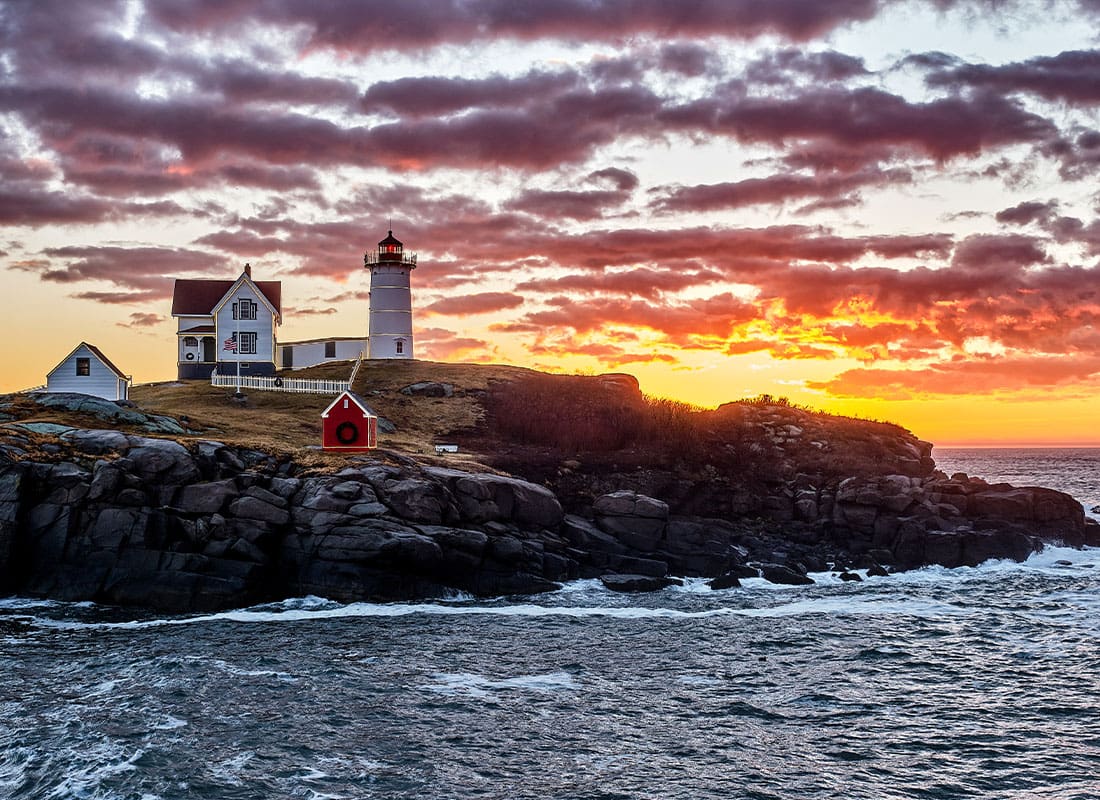 York, ME - Dawn at the Famous Nubble Lighthouse in Cape Neddick Maine